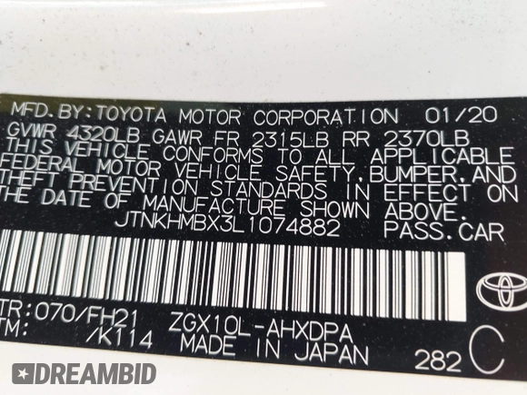 2020 Toyota C-HR LE with VIN JTNKHMBX3L1074882, listed as a IAAI auction lot 42064899 with 44,897 mi miles and . Bid and sale history available at DreamBid. Image 9.