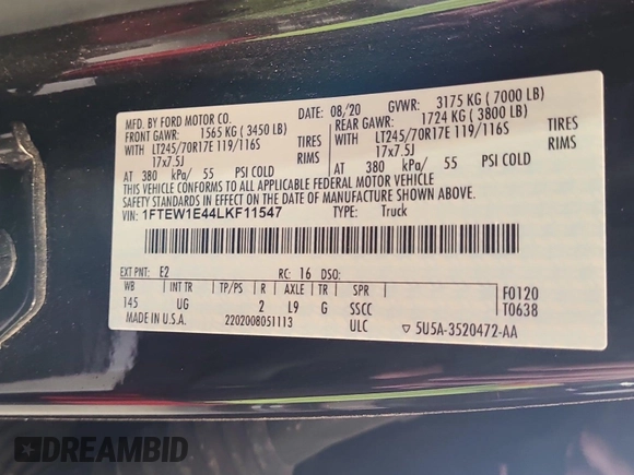 2020 Ford F-150 XL with VIN 1FTEW1E44LKF11547, listed as a IAAI auction lot 42706040 with 81,140 mi miles and . Bid and sale history available at DreamBid. Image 4.