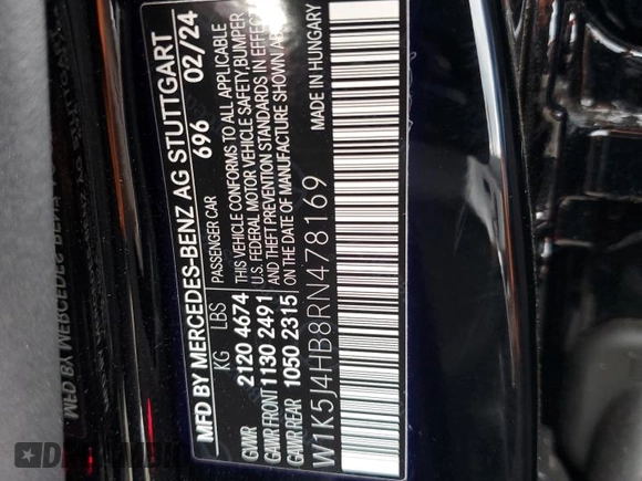 2024 Mercedes-Benz CLA 250 with VIN W1K5J4HB8RN478169, listed as a Copart auction lot 72189374 with 1,839 mi miles and Salvage title. Bid and sale history available at DreamBid. Image 12.