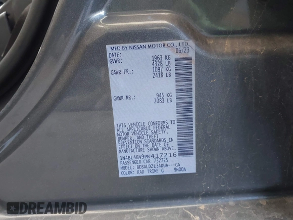 2023 Nissan Altima S with VIN 1N4BL4BV9PN417216, listed as a IAAI auction lot 41720469 with 50,965 mi miles and . Bid and sale history available at DreamBid. Image 9.