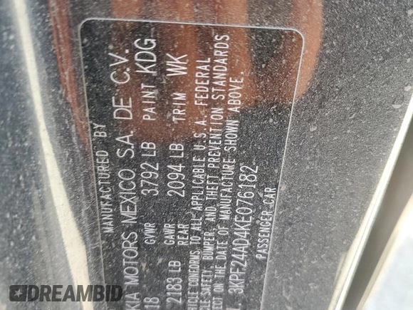 2019 Kia Forte LXS with VIN 3KPF24AD4KE076182, listed as a Copart auction lot 57182035 with 50,043 mi miles and Salvage title. Bid and sale history available at DreamBid. Image 12.