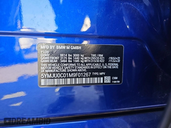 2021 BMW X5 M z VIN 5YMJU0C01M9F01267, wystawiony jako Copart lot #82042094 z przebiegiem 99 906 mil mil oraz Czysty tytuł • Clean title. Historia ofert i sprzedaży dostępna na DreamBid. Obrazek 10.