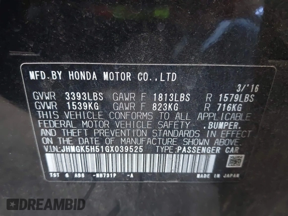 2016 Honda Fit LX с VIN JHMGK5H51GX039525, выставлен на аукционе IAAI как лот 42639963 с пробегом 71 590 миль миль и . История ставок и продаж доступна на DreamBid. Изображение 9.