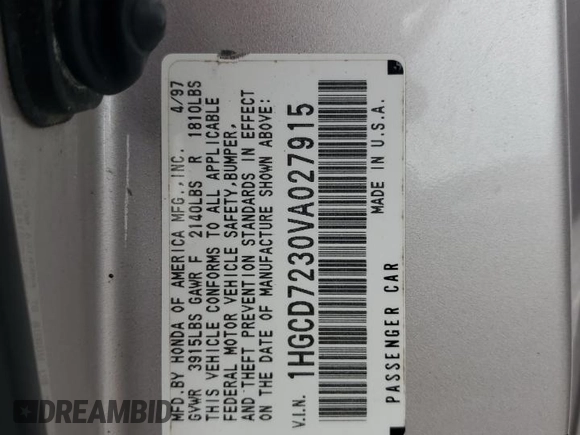 1997 Honda Accord LX with VIN 1HGCD7230VA027915, listed as a Copart auction lot 58961425 with 200,814 mi miles and Salvage title. Bid and sale history available at DreamBid. Image 12.