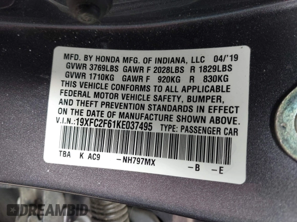 2019 Honda Civic LX with VIN 19XFC2F61KE037495, listed as a IAAI auction lot 41891007 with 90,262 mi miles and . Bid and sale history available at DreamBid. Image 9.