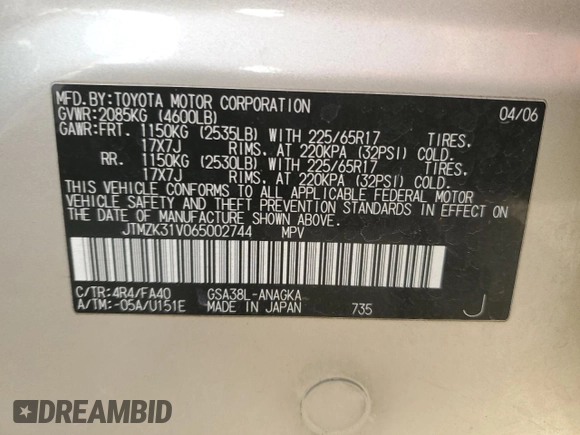 2006 Toyota RAV4 Limited z VIN JTMZK31V065002744, wystawiony jako Copart lot #89389985 z przebiegiem 155 930 mil mil oraz Szkoda całkowita • Salvage title. Historia ofert i sprzedaży dostępna na DreamBid. Obrazek 13.