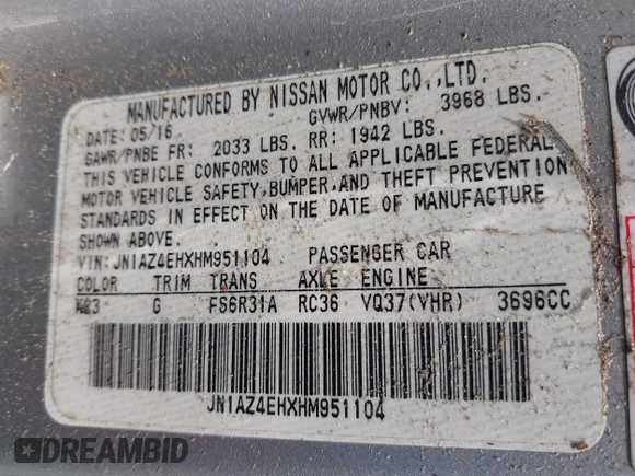 2017 Nissan 370Z with VIN JN1AZ4EHXHM951104, listed as a IAAI auction lot 41992380 with 118,356 mi miles. Bid and sale history available at carsss.com. Image 9.