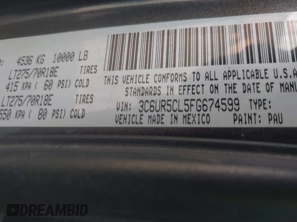 2015 Ram 2500 Tradesman with VIN 3C6UR5CL5FG674599, listed as a IAAI auction lot 41764442 with 121,161 mi miles. Bid and sale history available at carsss.com. Image 9.