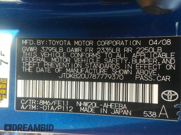2008 Toyota Prius z VIN JTDKB20U787779370, wystawiony jako IAAI lot #42229035 z przebiegiem 172 963 mil mil oraz . Historia ofert i sprzedaży dostępna na DreamBid. Obrazek 9.