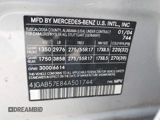 2004 Mercedes-Benz M 350 with VIN 4JGAB57E84A501744, listed as a IAAI auction lot 42271880 with 183,498 mi miles and . Bid and sale history available at DreamBid. Image 9.
