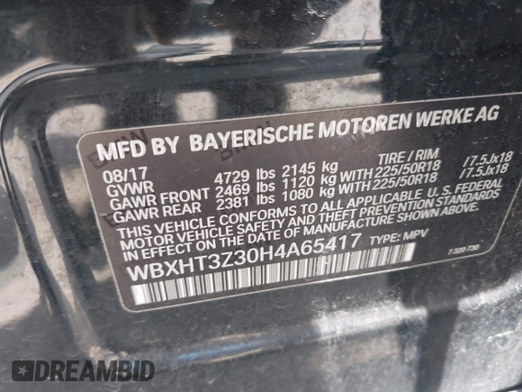 2017 BMW X1 xDrive28i with VIN WBXHT3Z30H4A65417, listed as a IAAI auction lot 42328797 with 103,788 mi miles and . Bid and sale history available at DreamBid. Image 9.