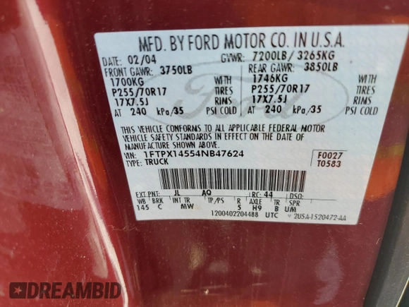 2004 Ford F-150 XLT z VIN 1FTPX14554NB47624, wystawiony jako Copart lot #57280685 z przebiegiem 77 981 mil mil oraz Czysty tytuł • Clean title. Historia ofert i sprzedaży dostępna na DreamBid. Obrazek 12.
