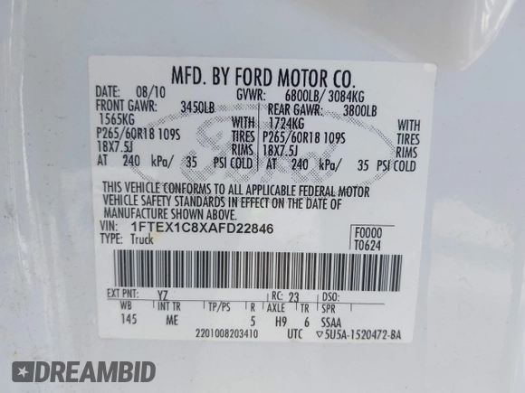 2010 Ford F-150 XL with VIN 1FTEX1C8XAFD22846, listed as a IAAI auction lot 42095864 with 325,437 mi miles and . Bid and sale history available at DreamBid. Image 9.