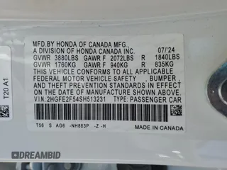 2025 Honda Civic Sport z VIN 2HGFE2F54SH513231, wystawiony jako Copart lot #52586085 z przebiegiem 6 046 mil mil oraz Szkoda całkowita • Salvage title. Historia ofert i sprzedaży dostępna na DreamBid. Obrazek 14.