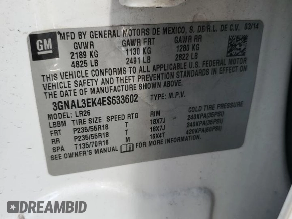 2014 Chevrolet Captiva Sport LT with VIN 3GNAL3EK4ES633602, listed as a Copart auction lot 49385645 with 116,469 mi miles and Salvage Title. Bid and sale history available at DreamBid. Image 16.