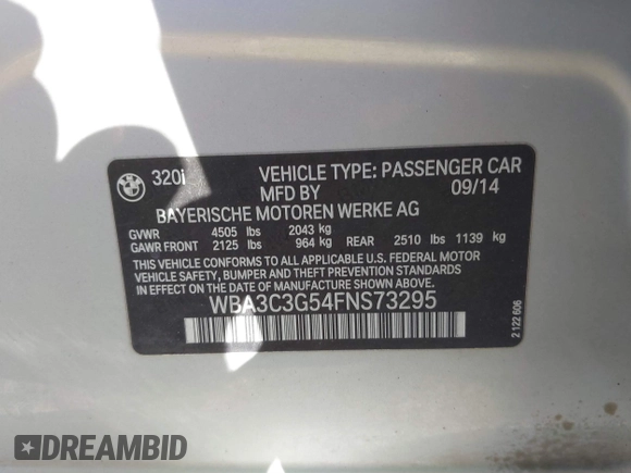 2015 BMW 3 Series 320i xDrive with VIN WBA3C3G54FNS73295, listed as a IAAI auction lot 41749401 with 101,357 mi miles and . Bid and sale history available at DreamBid. Image 9.