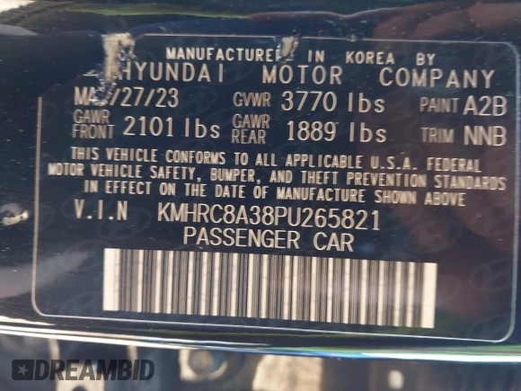 2023 Hyundai Venue Limited with VIN KMHRC8A38PU265821, listed as a IAAI auction lot 41823538 with 50,791 mi miles and . Bid and sale history available at DreamBid. Image 8.