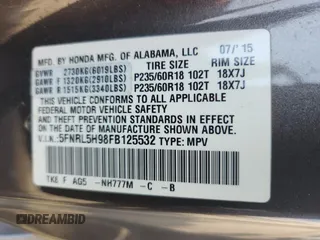 2015 Honda Odyssey Touring Elite with VIN 5FNRL5H98FB125532, listed as a Copart auction lot 60656485 with 184,421 mi miles and Non repairable. Bid and sale history available at DreamBid. Image 13.