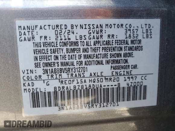 2024 Nissan Sentra S with VIN 3N1AB8BV5RY312701, listed as a Copart auction lot 56157515 with 71,410 mi miles and Salvage title. Bid and sale history available at DreamBid. Image 13.