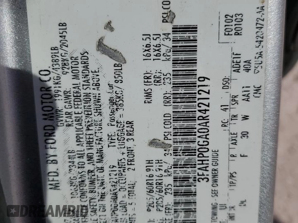 2010 Ford Fusion S with VIN 3FAHP0GA0AR421219, listed as a Copart auction lot 50930025 with 169,539 mi miles and Salvage Title. Bid and sale history available at carsss.com. Image 15.