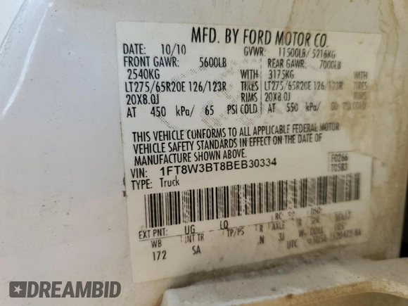 2011 Ford F-350 XL with VIN 1FT8W3BT8BEB30334, listed as a Copart auction lot 51708065 with 291,287 mi miles and Clean Title. Bid and sale history available at DreamBid. Image 14.
