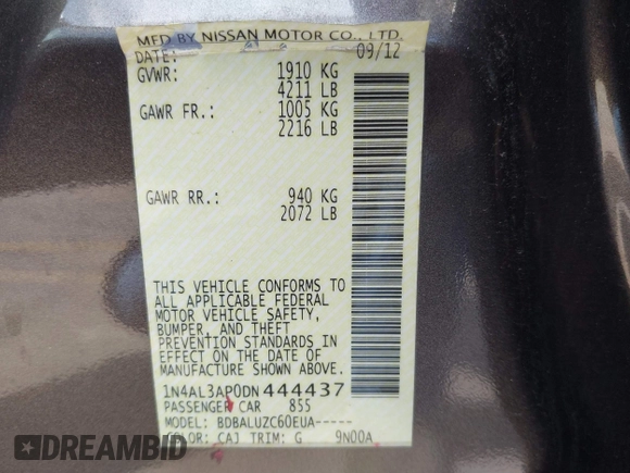 2013 Nissan Altima SL with VIN 1N4AL3AP0DN444437, listed as a IAAI auction lot 42703532 with 195,298 mi miles and . Bid and sale history available at DreamBid. Image 9.