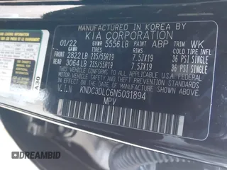2022 Kia EV6 Wind with VIN KNDC3DLC6N5031894, listed as a IAAI auction lot 41993710 with 75,280 mi miles. Bid and sale history available at carsss.com. Image 9.