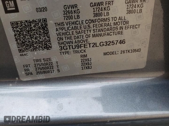 2020 GMC Sierra 1500 Denali z VIN 3GTU9FET2LG325746, wystawiony jako Copart lot #86144024 z przebiegiem 64 237 mil mil oraz Szkoda całkowita • Salvage title. Historia ofert i sprzedaży dostępna na DreamBid. Obrazek 12.