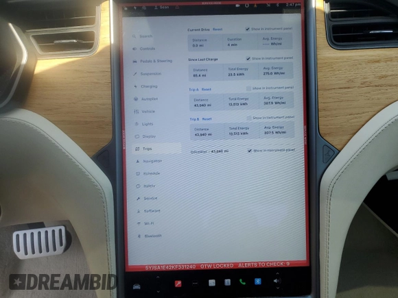 2019 Tesla Model S 100D with VIN 5YJSA1E42KF331240, listed as a Copart auction lot 54713975 with 43,940 mi miles and Salvage title. Bid and sale history available at DreamBid. Image 9.