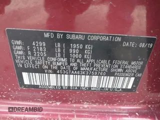 2019 Subaru Impreza z VIN 4S3GTAA63K3759760, wystawiony jako IAAI lot #42037192 z przebiegiem 84 373 mil mil oraz . Historia ofert i sprzedaży dostępna na DreamBid. Obrazek 9.