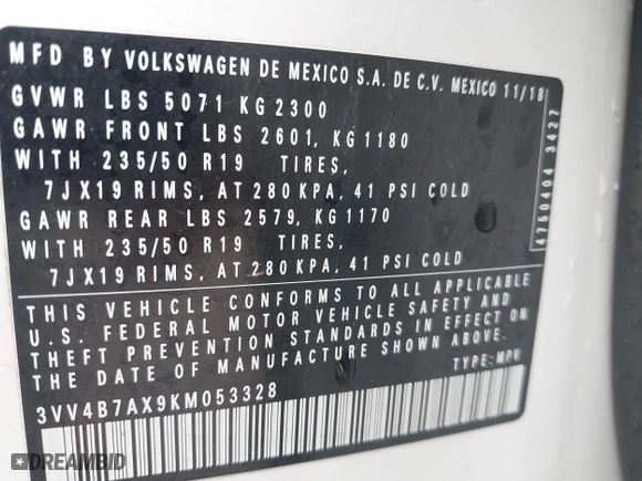 2019 Volkswagen Tiguan SEL Premium with VIN 3VV4B7AX9KM053328, listed as a IAAI auction lot 41960908 with 42,821 mi miles. Bid and sale history available at carsss.com. Image 9.