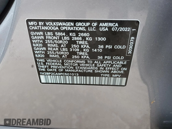 2023 Volkswagen Atlas SEL with VIN 1V2BP2CA9PC501013, listed as a Copart auction lot 59059693 with 6,402 mi miles and . Bid and sale history available at DreamBid. Image 12.