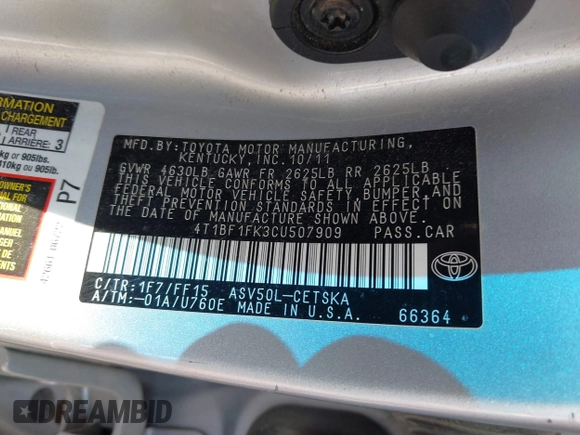 2012 Toyota Camry L with VIN 4T1BF1FK3CU507909, listed as a IAAI auction lot 41884046 with 175,941 mi miles. Bid and sale history available at carsss.com. Image 9.