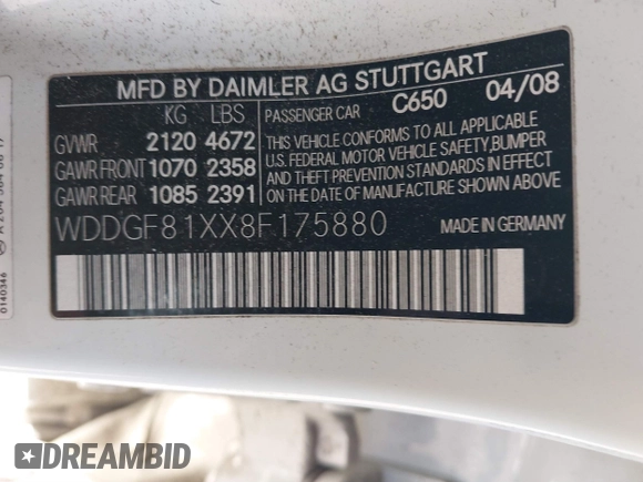 2008 Mercedes-Benz C 300 Sport with VIN WDDGF81XX8F175880, listed as a IAAI auction lot 41023577 with 116,042 mi miles and . Bid and sale history available at DreamBid. Image 9.