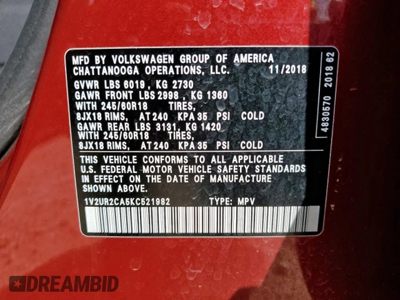 2019 Volkswagen Atlas SE z VIN 1V2UR2CA5KC521982, wystawiony jako Copart lot #60024125 z przebiegiem 120 841 mil mil oraz Szkoda całkowita • Salvage title. Historia ofert i sprzedaży dostępna na DreamBid. Obrazek 13.