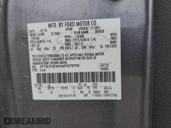 2010 Ford F-150 XL z VIN 1FTEX1EWXAFD75705, wystawiony jako Copart lot #56685075 z przebiegiem 203 492 mil mil oraz Szkoda całkowita • Salvage title. Historia ofert i sprzedaży dostępna na DreamBid. Obrazek 12.