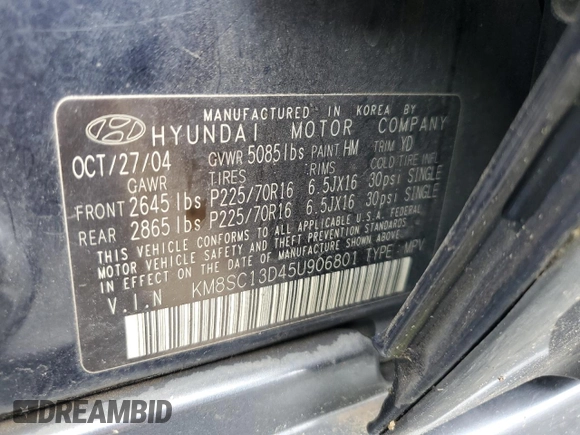 2005 Hyundai Santa Fe GLS with VIN KM8SC13D45U906801, listed as a Copart auction lot 53427275 with 199,612 mi miles and Clean Title. Bid and sale history available at carsss.com. Image 13.