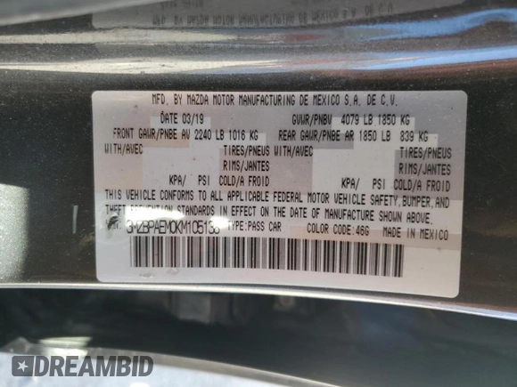 2019 Mazda 3 Premium with VIN 3MZBPAEM0KM105138, listed as a Copart auction lot 47826545 with 86,929 mi miles and Salvage Title. Bid and sale history available at DreamBid. Image 12.