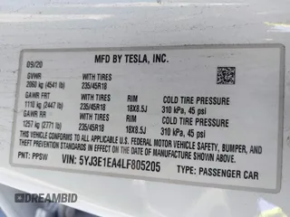 2020 Tesla Model 3 Standard Range Plus with VIN 5YJ3E1EA4LF805205, listed as a IAAI auction lot 41850744 with Not Provided miles. Bid and sale history available at carsss.com. Image 9.