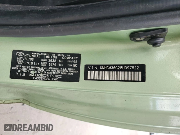 2008 Hyundai Accent GS with VIN KMHCM36C28U097822, listed as a Copart auction lot 49162275 with 83,128 mi miles and Salvage Title. Bid and sale history available at carsss.com. Image 12.