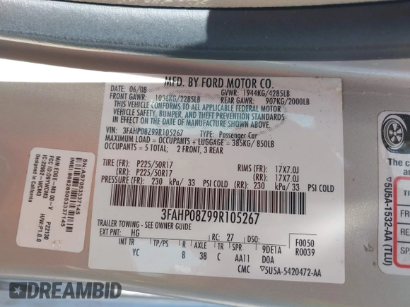 2009 Ford Fusion SEL with VIN 3FAHP08Z99R105267, listed as a IAAI auction lot 42026559 with 80,639 mi miles. Bid and sale history available at carsss.com. Image 9.