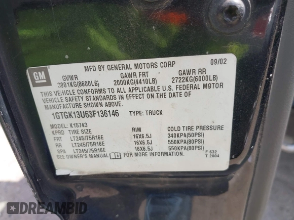 2003 GMC Sierra 1500HD SLE z VIN 1GTGK13U63F136146, wystawiony jako IAAI lot #42020608 z przebiegiem 170 466 mil mil oraz . Historia ofert i sprzedaży dostępna na DreamBid. Obrazek 9.