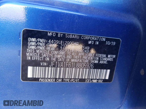 2020 Subaru WRX Limited with VIN JF1VA1F61L8805926, listed as a Copart auction lot 76290274 with 37,826 mi miles and Salvage Title. Bid and sale history available at carsss.com. Image 12.