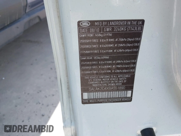 2011 Land Rover LR4 Lux with VIN SALAK2D4XBA551890, listed as a IAAI auction lot 41830524 with 138,406 mi miles and . Bid and sale history available at DreamBid. Image 9.