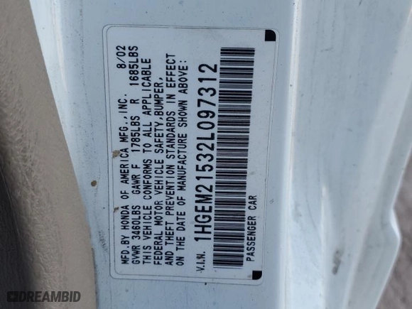 2002 Honda Civic LX with VIN 1HGEM21532L097312, listed as a Copart auction lot 85713824 with 208,738 mi miles and Salvage Title. Bid and sale history available at carsss.com. Image 12.