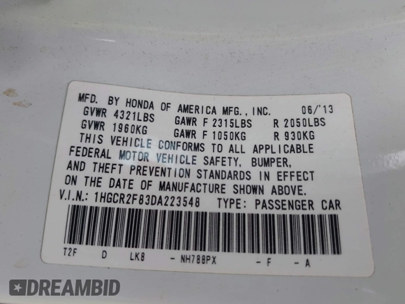 2013 Honda Accord Sdn EX-L with VIN 1HGCR2F83DA223548, listed as a IAAI auction lot 42032953 with 77,432 mi miles. Bid and sale history available at carsss.com. Image 9.