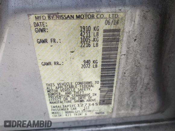 2015 Nissan Altima SL z VIN 1N4AL3AP1FC127345, wystawiony jako IAAI lot #42420834 z przebiegiem 134 391 mil mil oraz . Historia ofert i sprzedaży dostępna na DreamBid. Obrazek 9.