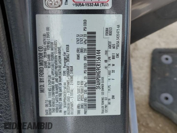 2012 Ford Fusion SE with VIN 3FAHP0HG9CR156144, listed as a Copart auction lot 58919375 with 99,822 mi miles and Salvage title. Bid and sale history available at DreamBid. Image 13.