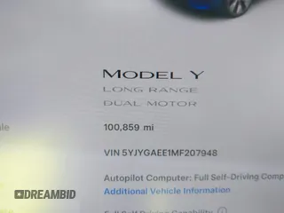 2021 Tesla Model Y Long Range with VIN 5YJYGAEE1MF207948, listed as a IAAI auction lot 41779570 with 100,859 mi miles. Bid and sale history available at carsss.com. Image 15.