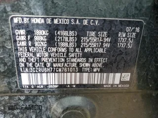 2016 Honda HR-V EX-L w/Navi with VIN 3CZRU6H77GM761013, listed as a Copart auction lot 53153565 with 37,363 mi miles and Salvage Title. Bid and sale history available at carsss.com. Image 15.